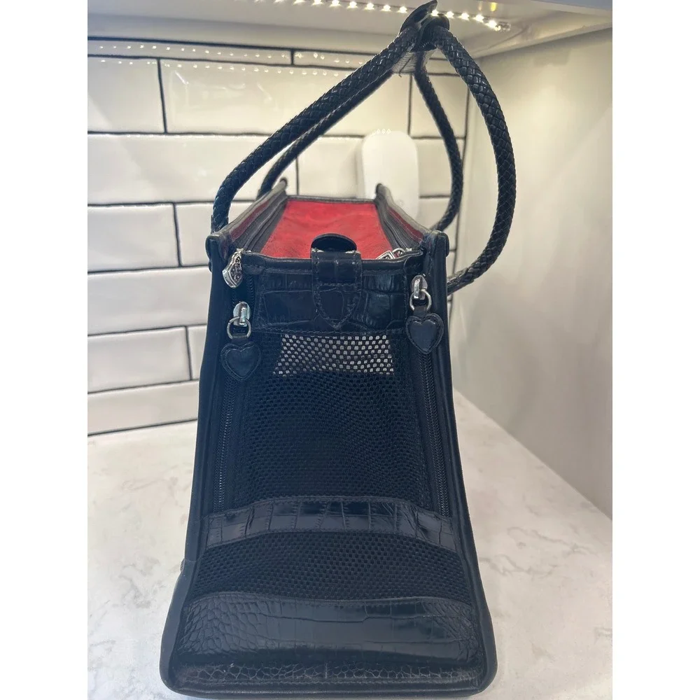 Brighton Black Croc Embossed Leather Red Scroll Pet Carrier Tote Bag U145870
